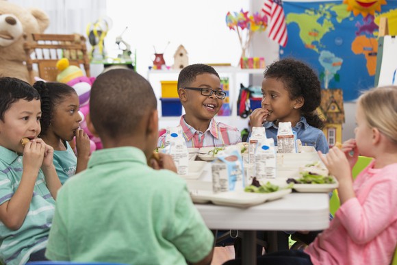 Students eating lunch at school.
