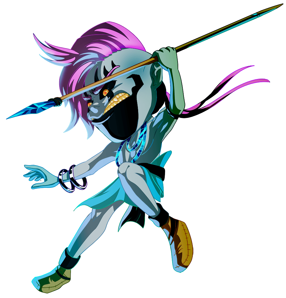 Cartoon image of an alien with a giant head and a spear.