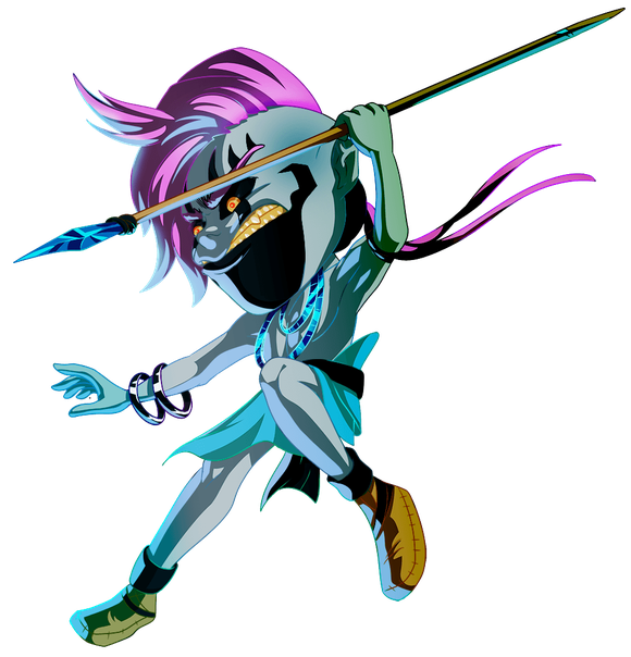 Cartoon image of an alien with a giant head and a spear.