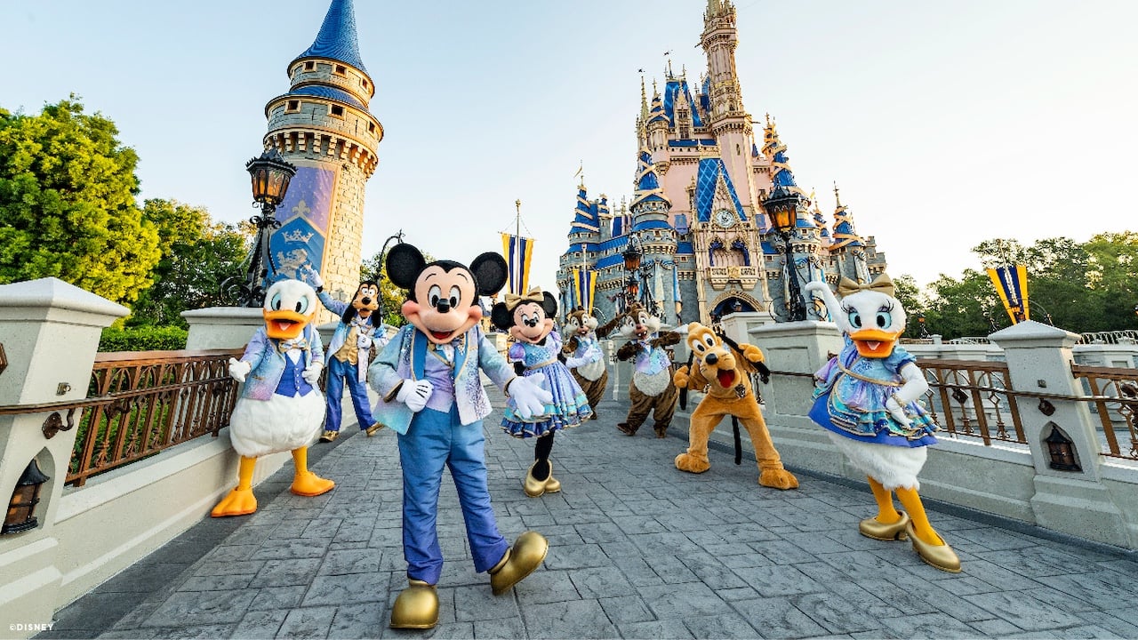 Mickey Mouse and his pals posing in front of the signature castle.