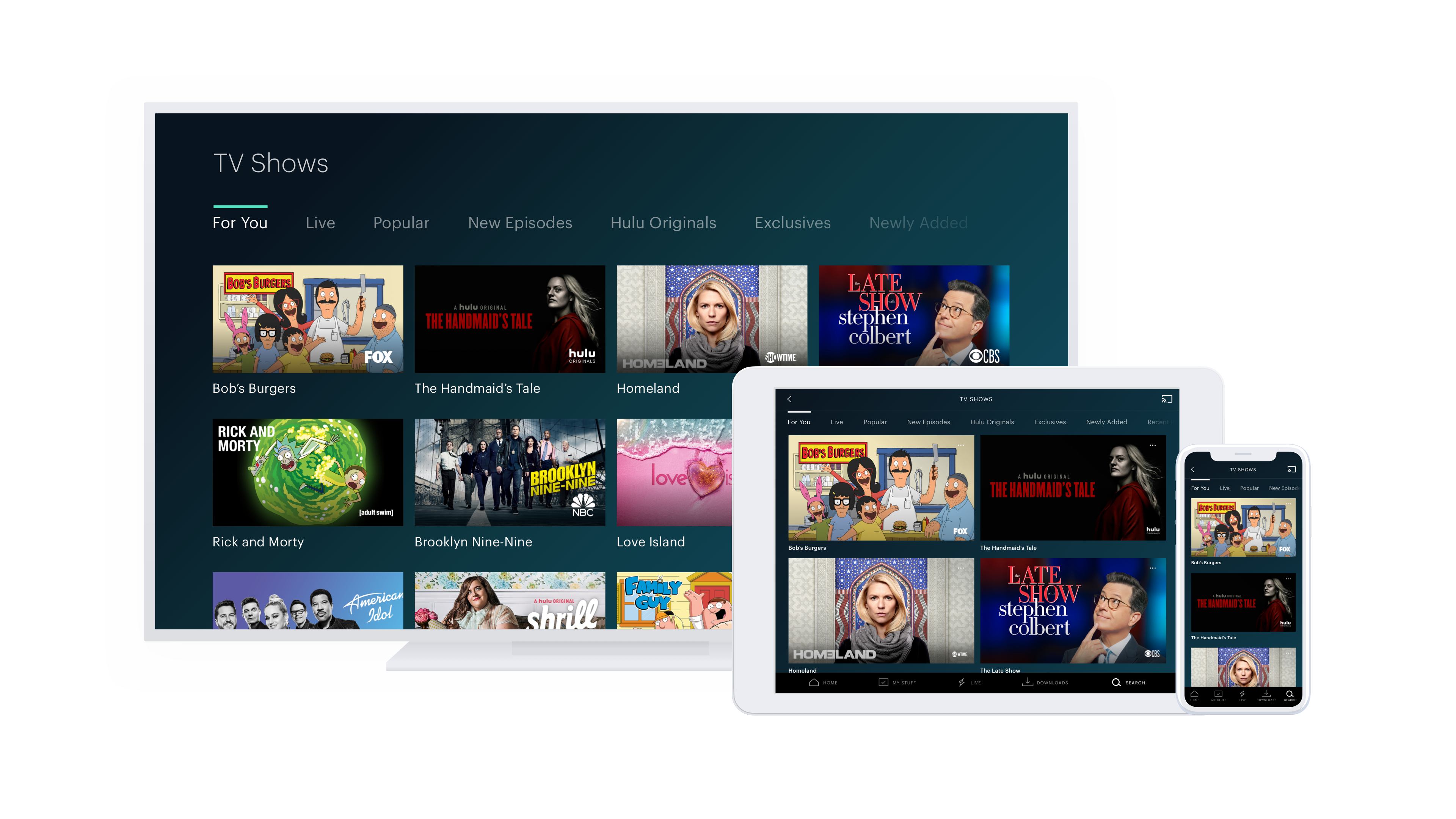 Hulu user interface on a TV, tablet, and smartphone.