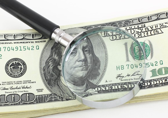 A magnifying glass on hundred-dollar bills.