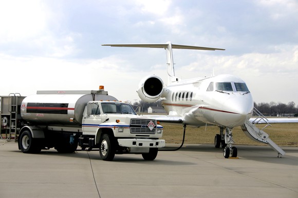 Fuel truck near a private jet.