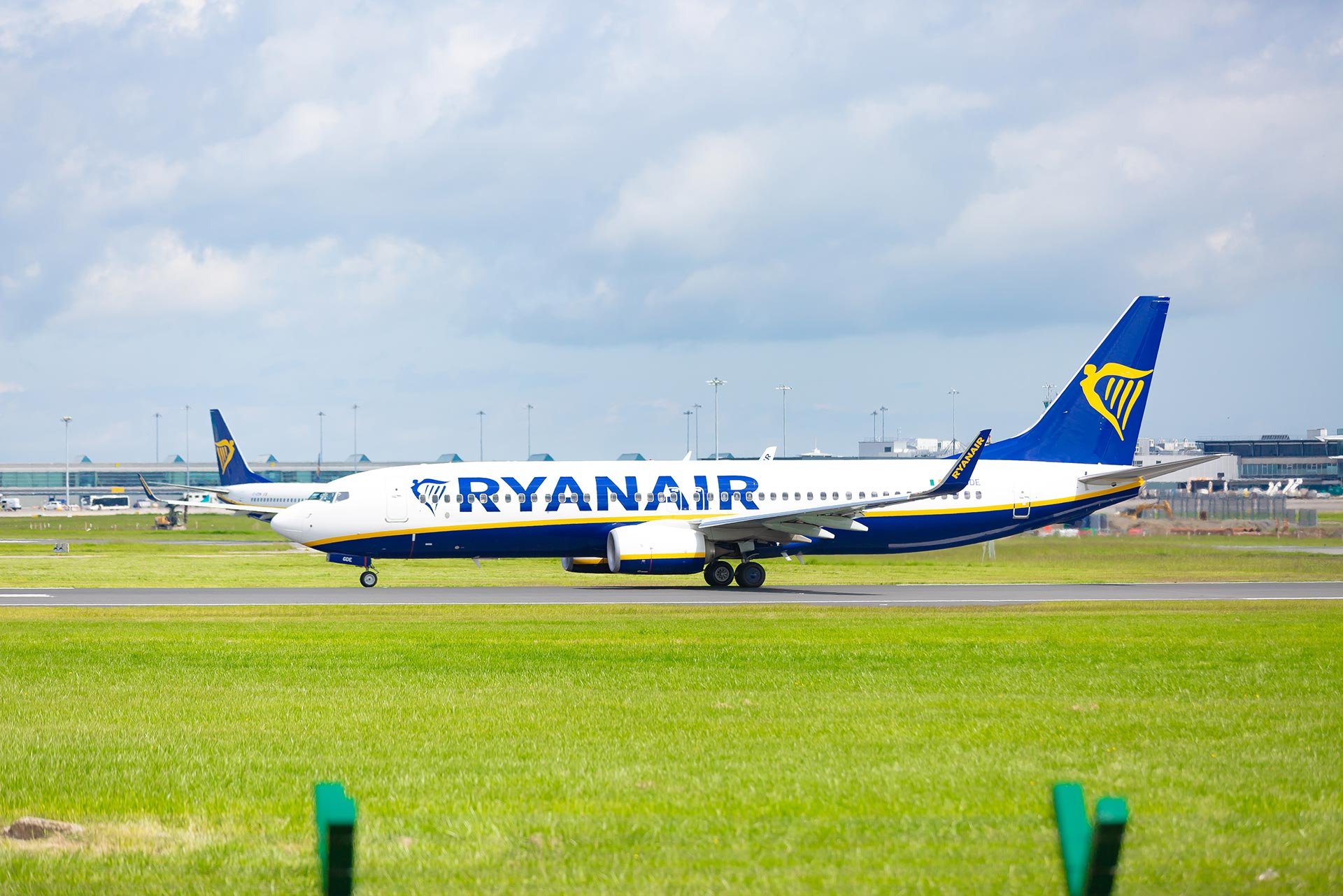 A Ryanair Boeing 737 on the ground.