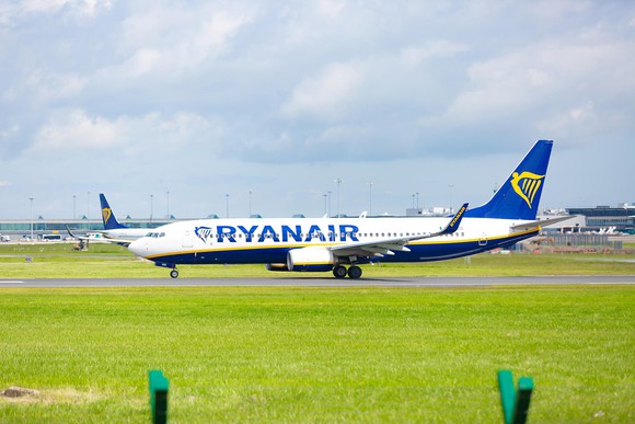 A Ryanair Boeing 737 on the ground.