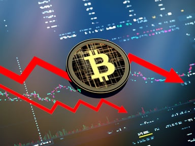 Round Bitcoin overlaid on a falling stock chart