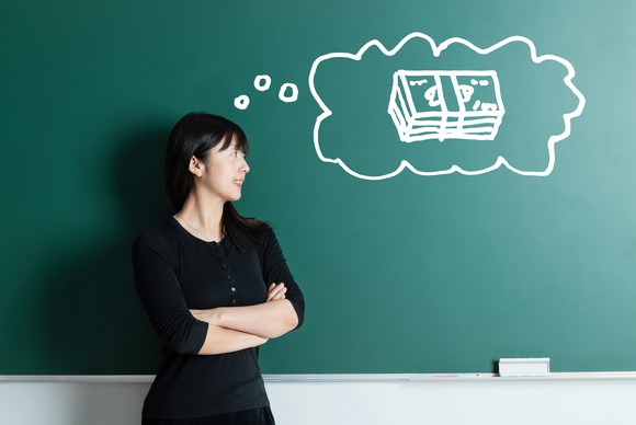A person standing in front of a chalkboard with a drawing of a thought bubble containing a stack of cash.
