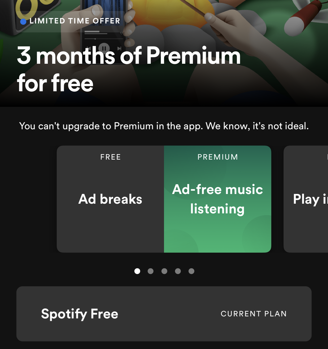 Screen shot of Spotify's premium offering screen. 
