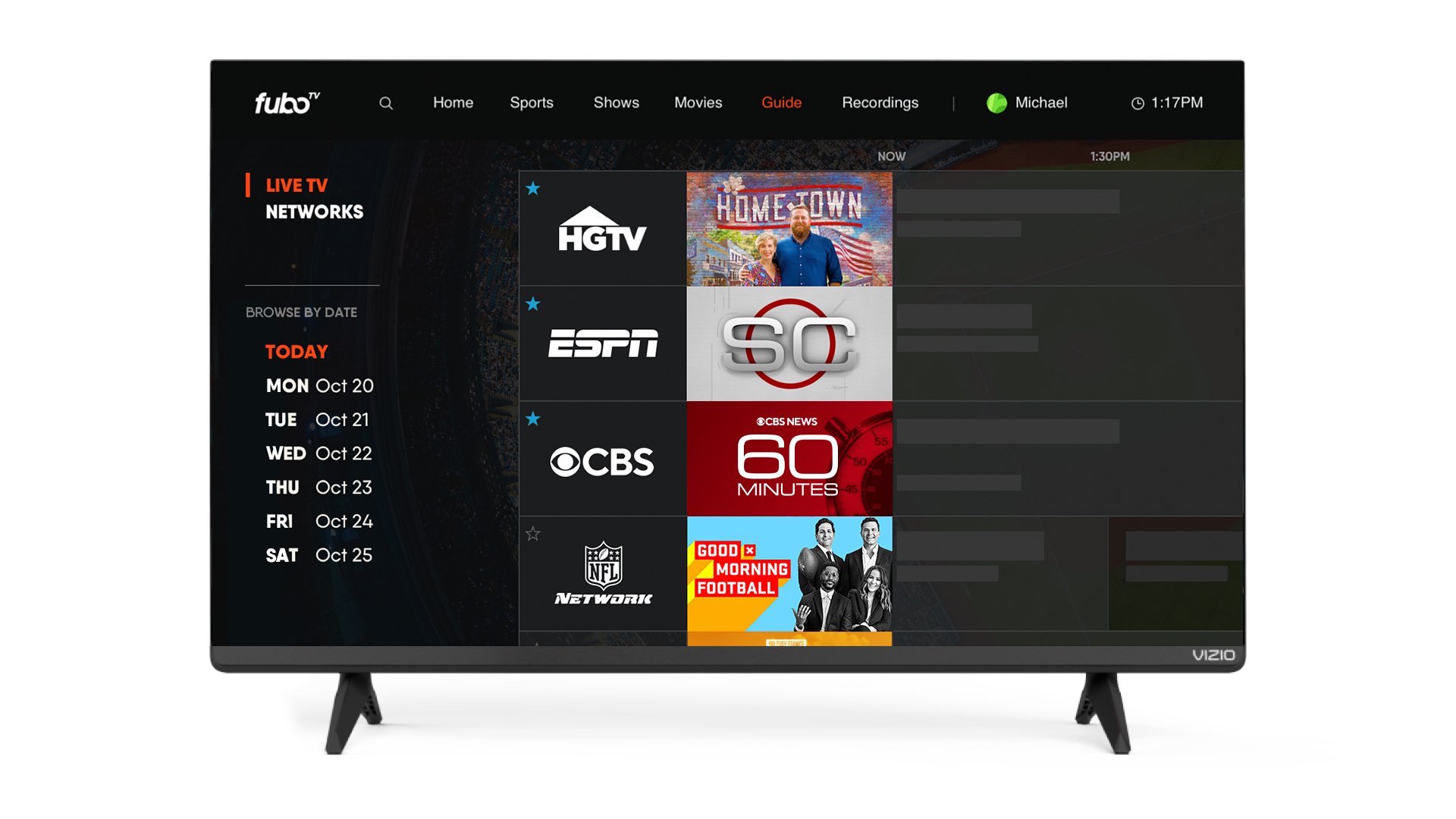 fuboTV app displayed on Vizio smart TV.