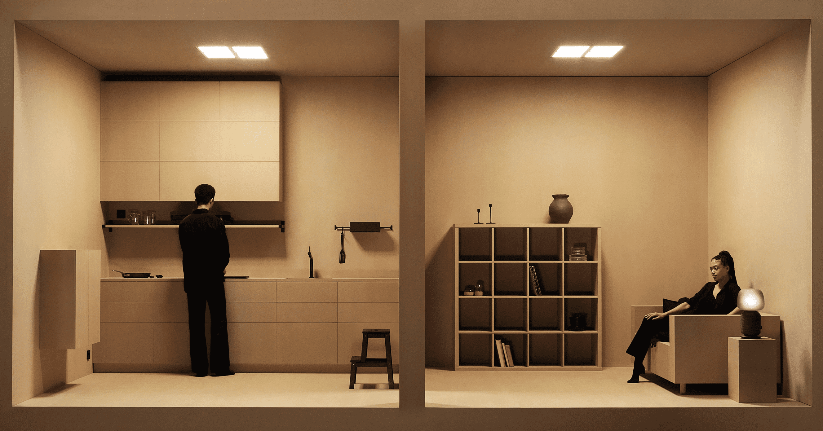 A two-room slice of a home with an IKEA SYMFONISK table lamp that is also a Sonos speaker.