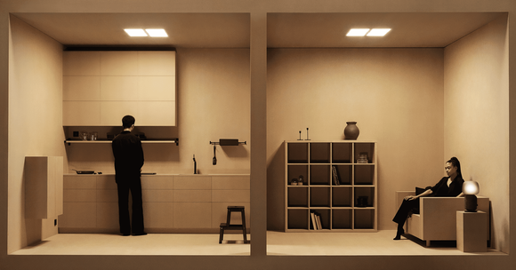 A two-room slice of a home with an IKEA SYMFONISK table lamp that is also a Sonos speaker.