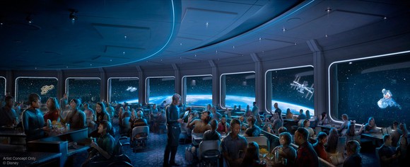 Concept art fo the Space 220 dining room full of patrons and with projections of Earth and other satellites.