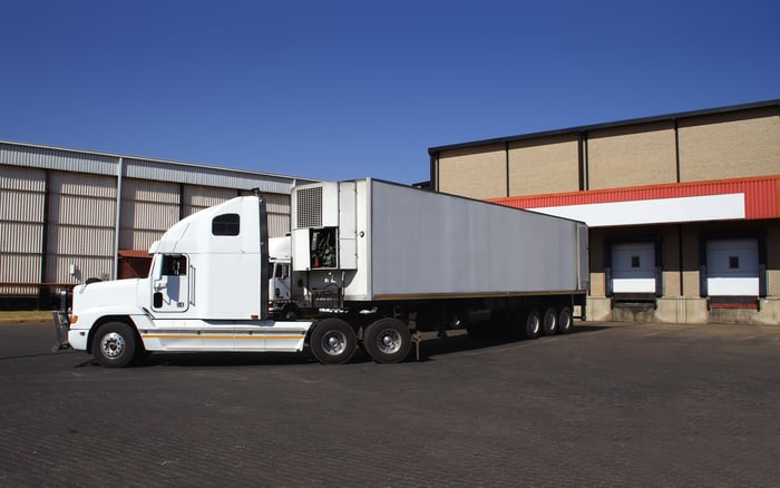 A white semitruck backed up to a loading bay at a warehouse.