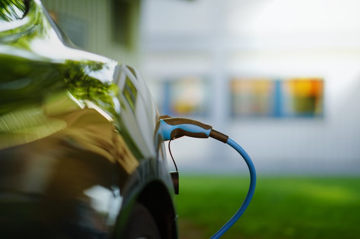 An electric vehicle being charged. 