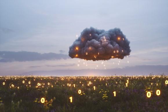 Binary numbers being absorbed into a cloud.