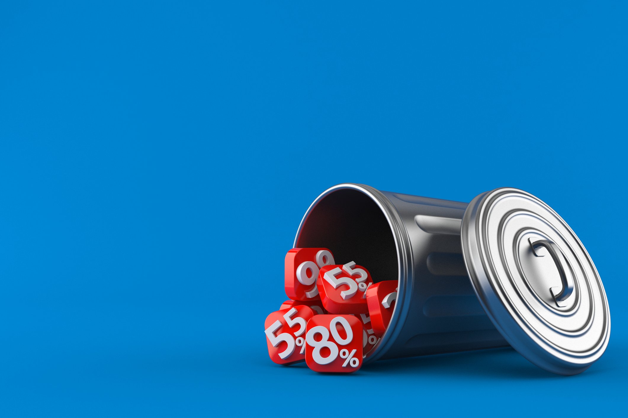 A garbage can tipped over with tiles with percent signs on them falling out.