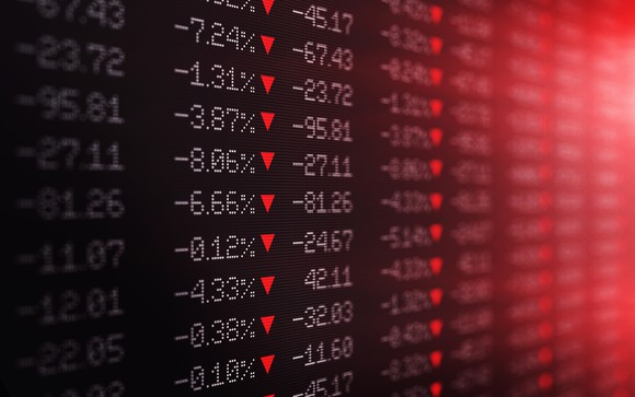 A stock market chart is displaying many price declines. 