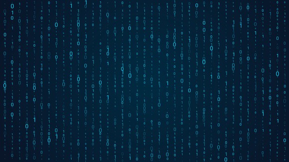 Light blue alphanumeric data in a vertical pattern on a dark screen. 