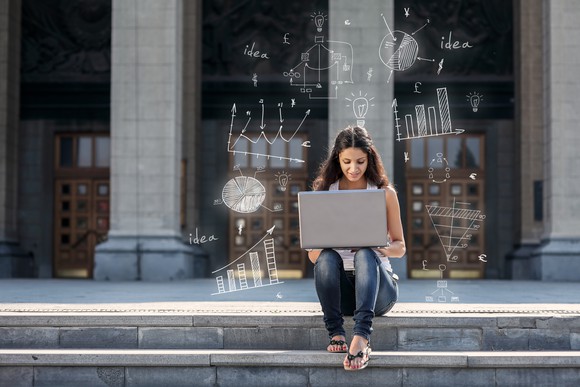 A girl on a laptop computer outside a university building. 