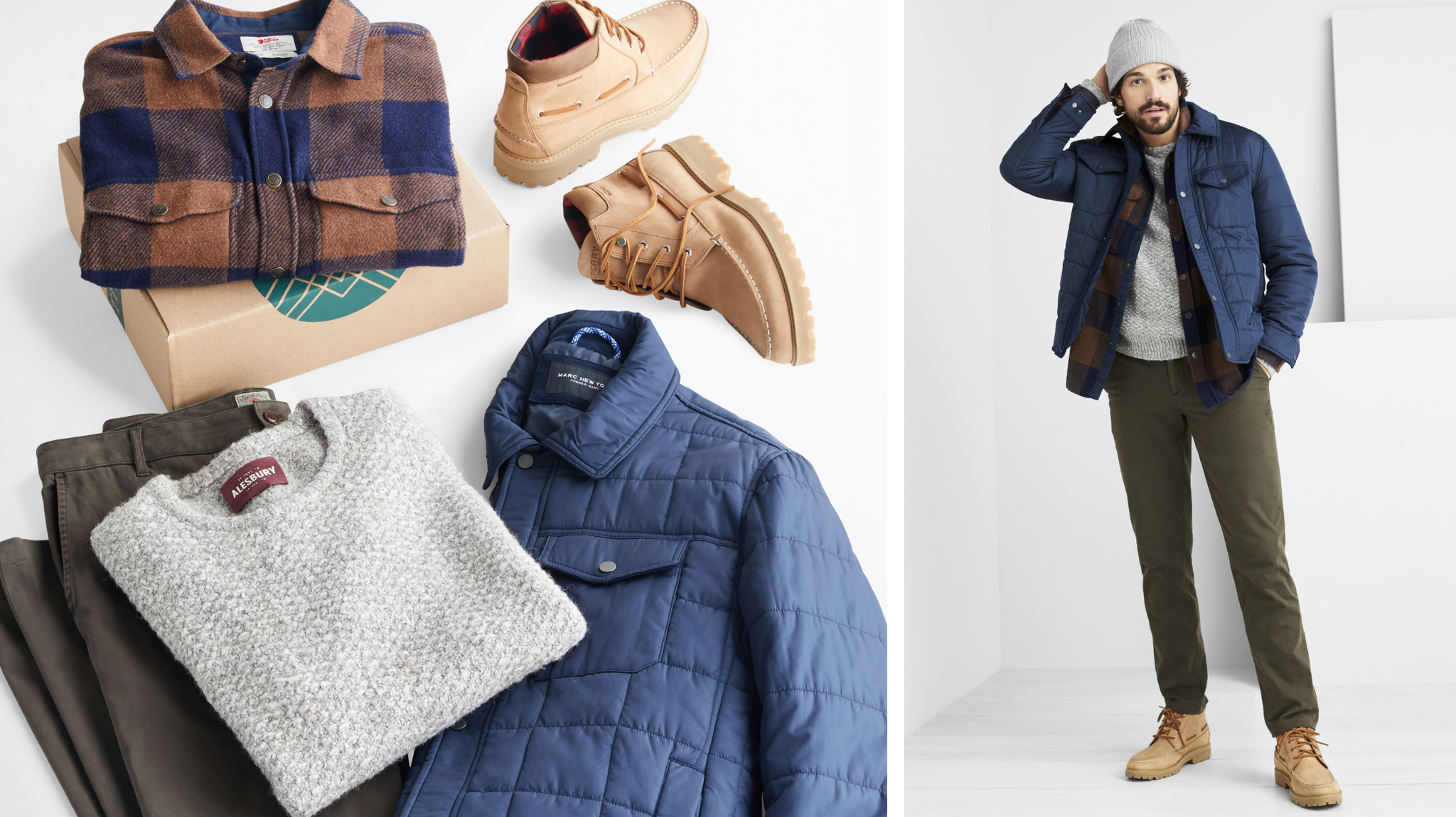 An assortment of men's clothing from Stitch Fix and a person wearing that clothing.