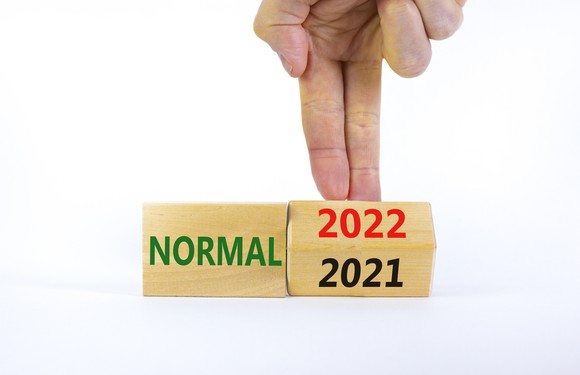 A wood block with "normal" printed on it with fingers turning another wood block from 2021 to 2022.