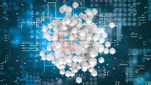 Blocks forming on a data background. 