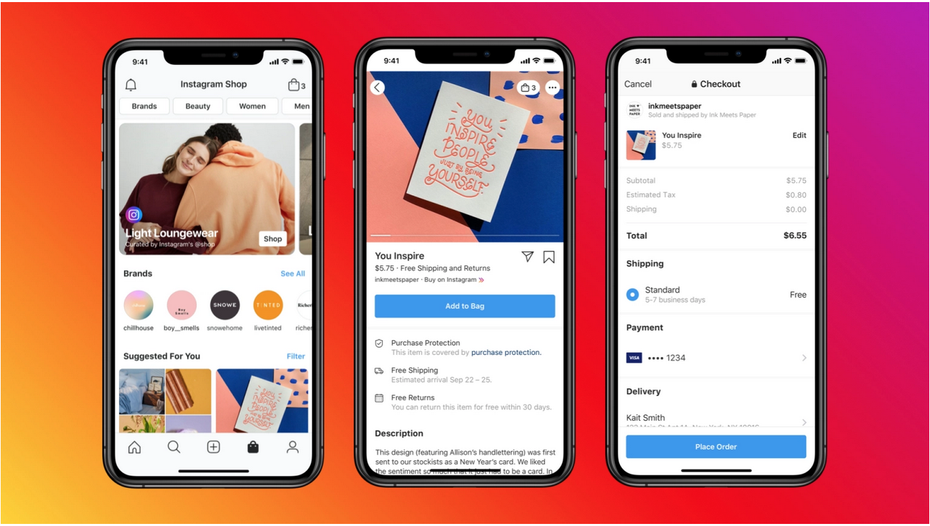 Screens on three iPhones against a red background show various views of Facebook Shops and the features it offers.