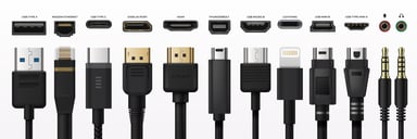 Row of device power cords of various types