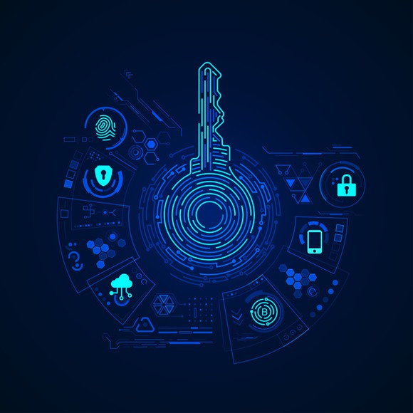 Crypto-related symbols surrounded by an image of a key.