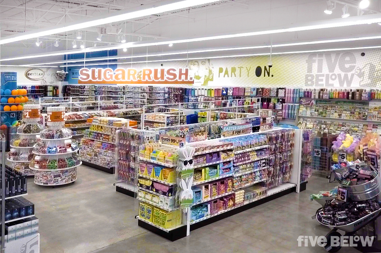 Inside of a Five Below store.