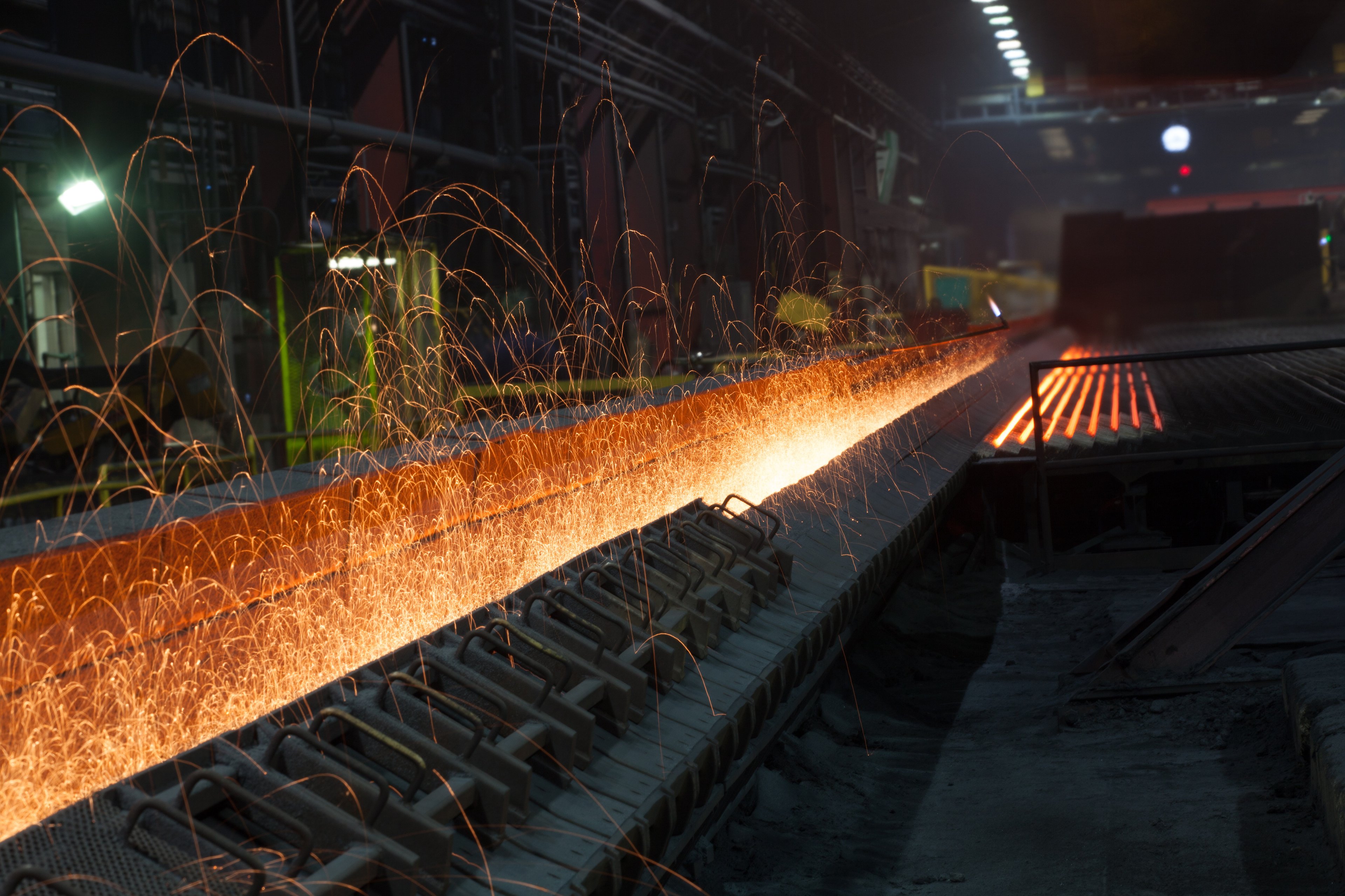 structural steel runout cooling bed at Nucor steelmaking facility.