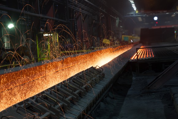 structural steel runout cooling bed at Nucor steelmaking facility.
