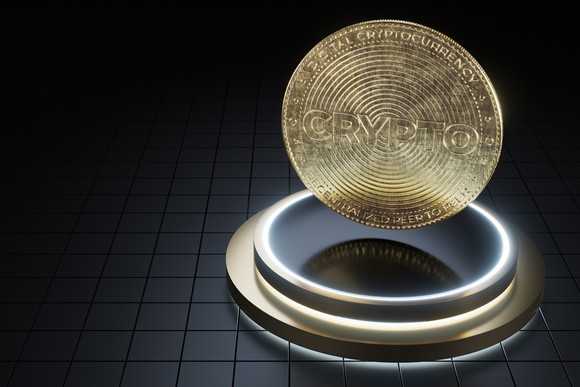 Crypto token levitating in cyberspace. 