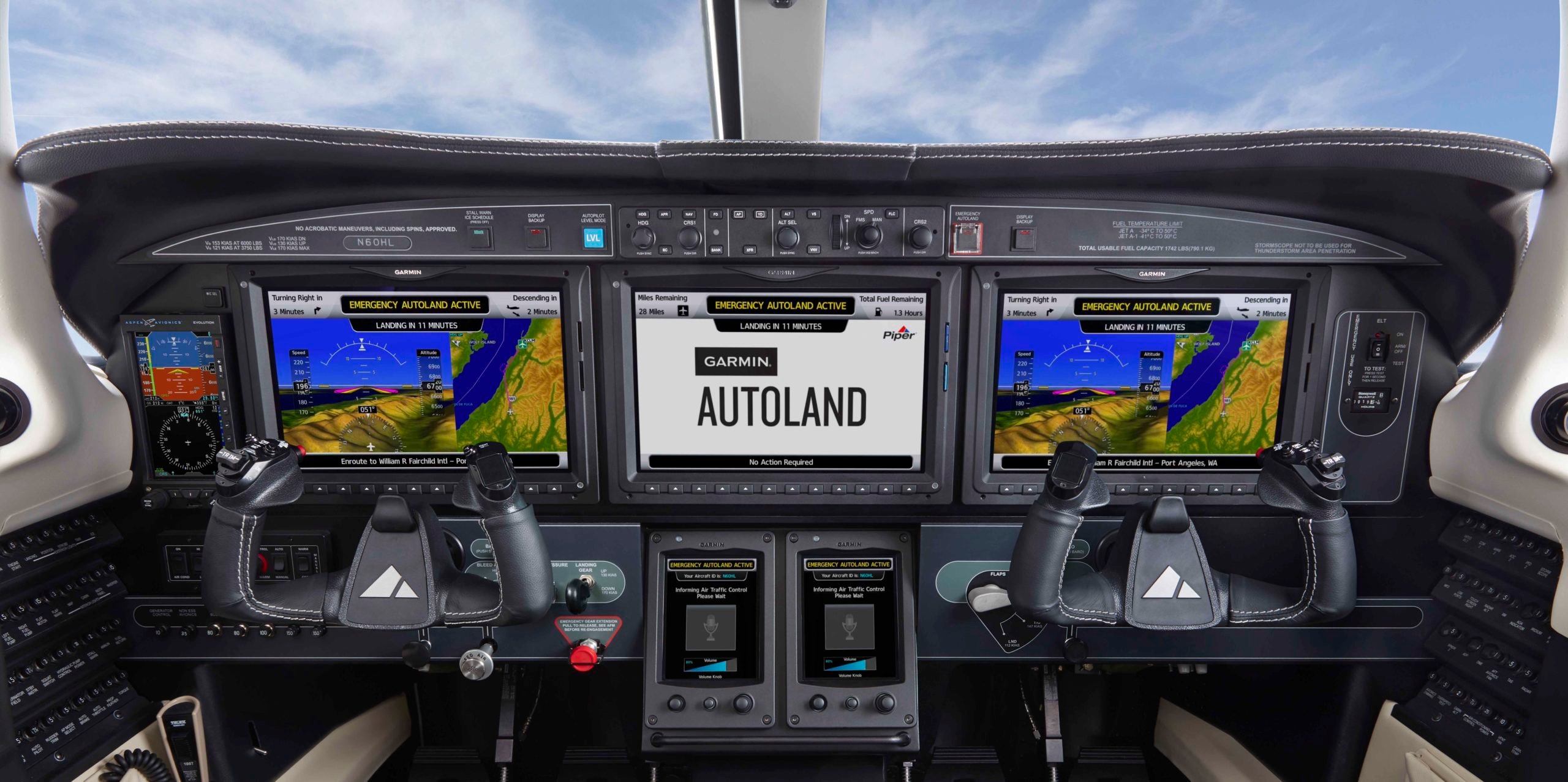 A plane cockpit with the Garmin Autoland feature.