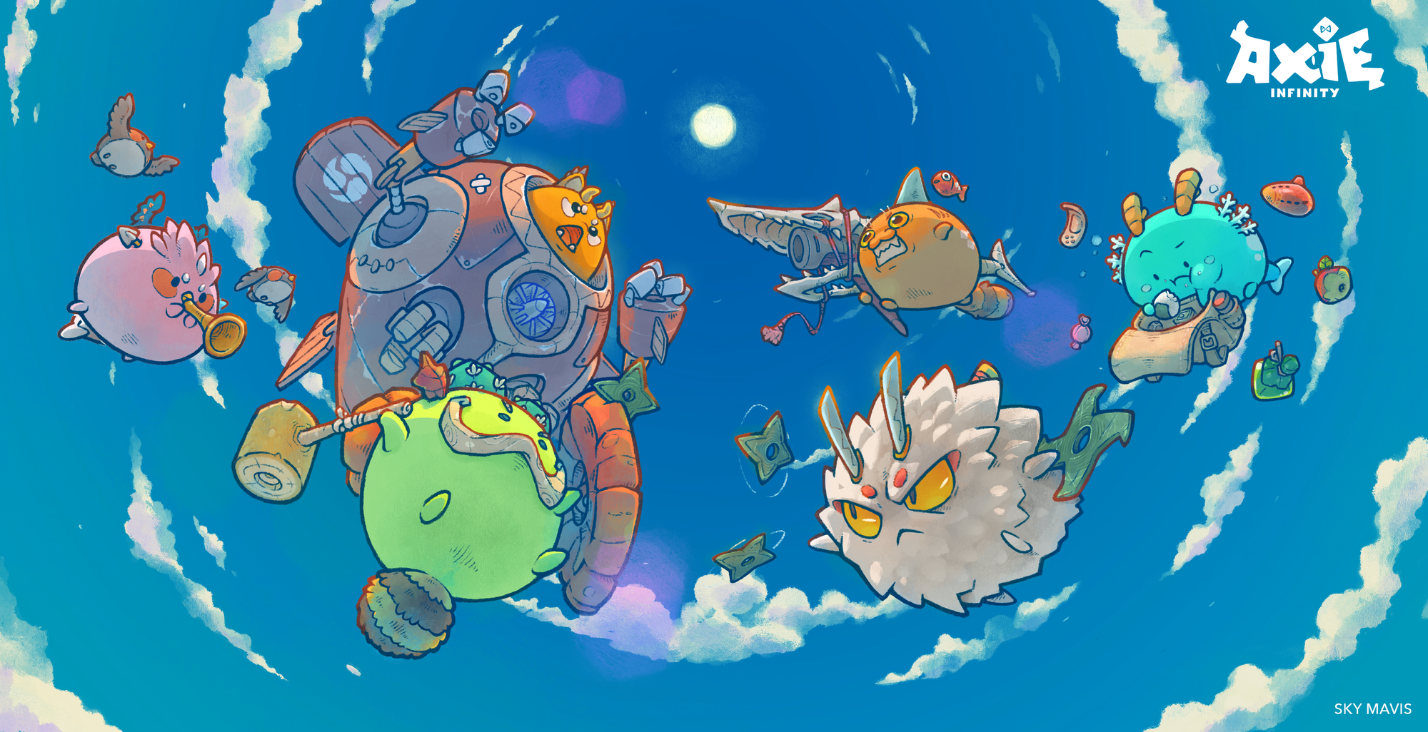 Axies battling one another in the sky. 