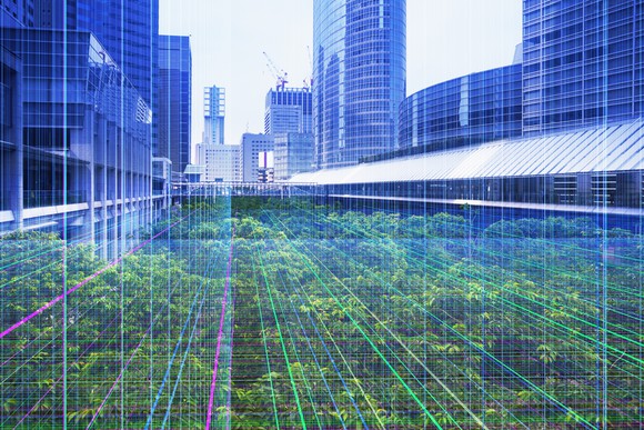 Grid lines over a city.