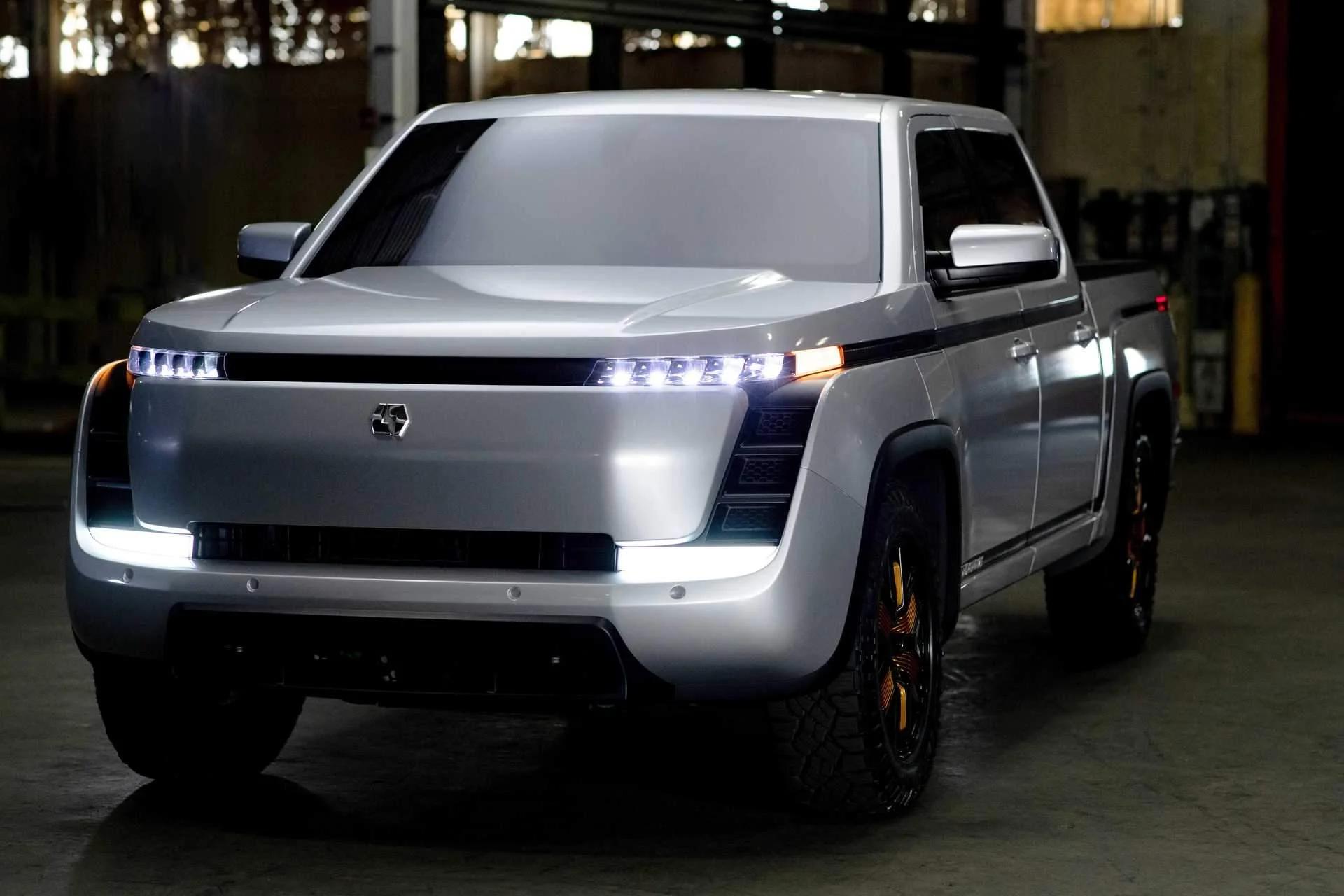 Silver Lordstown Endurance electric pickup at factory.