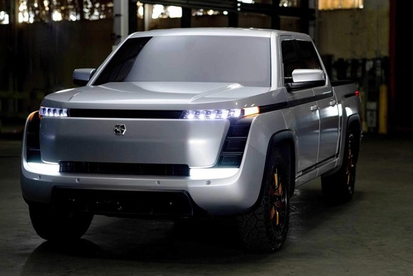 Silver Lordstown Endurance electric pickup at factory.