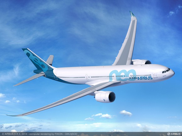 A rendering of an Airbus A330-900neo in flight.