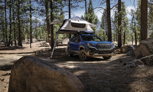 A Subaru Forester Wilderness is parked out in the woods with a pop-up tent open on its roof and a roof in the foreground.