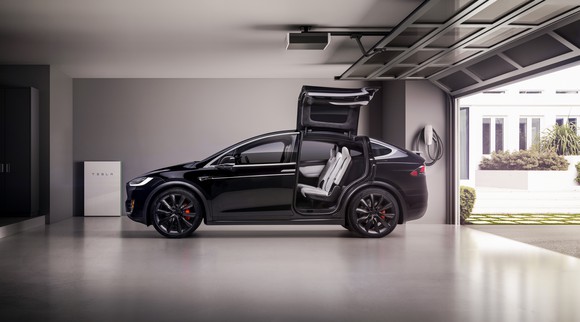 A Model X in a garage.