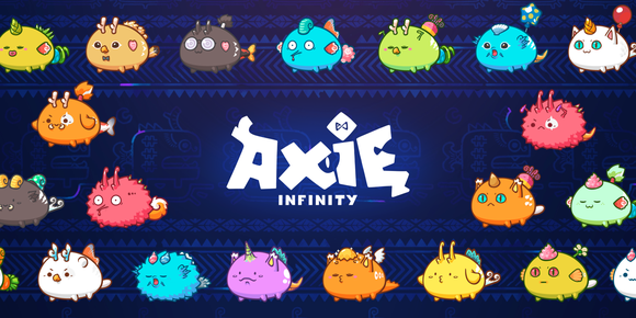 Axie Infinity creatures on a blue background.