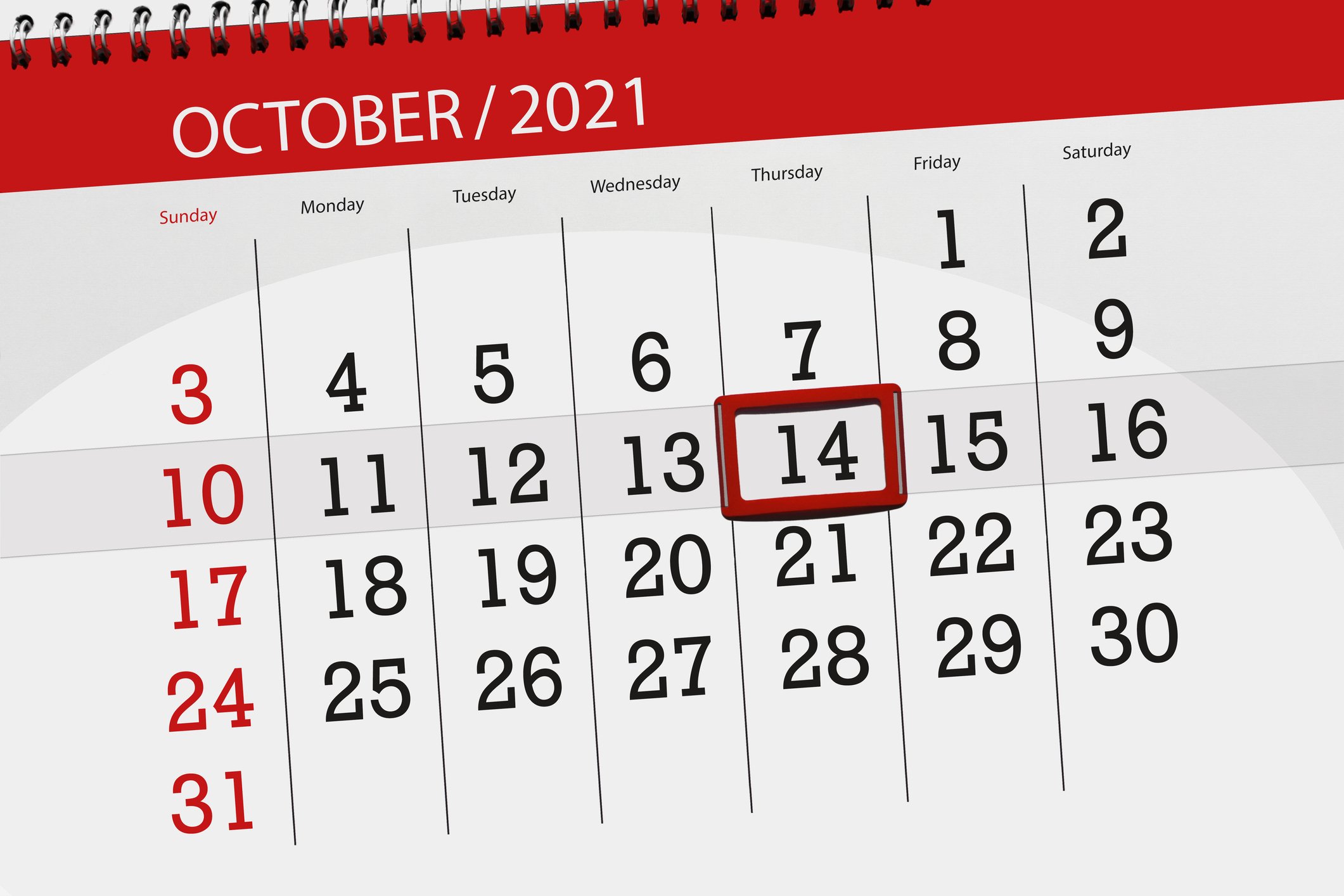 A 2021 calendar with Oct. 14 marked on it.