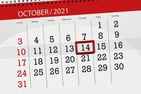 A 2021 calendar with Oct. 14 marked on it.