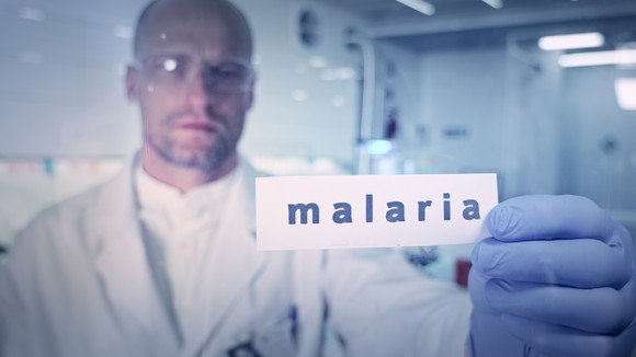 A lab worker holding a card with "malaria" printed on it.