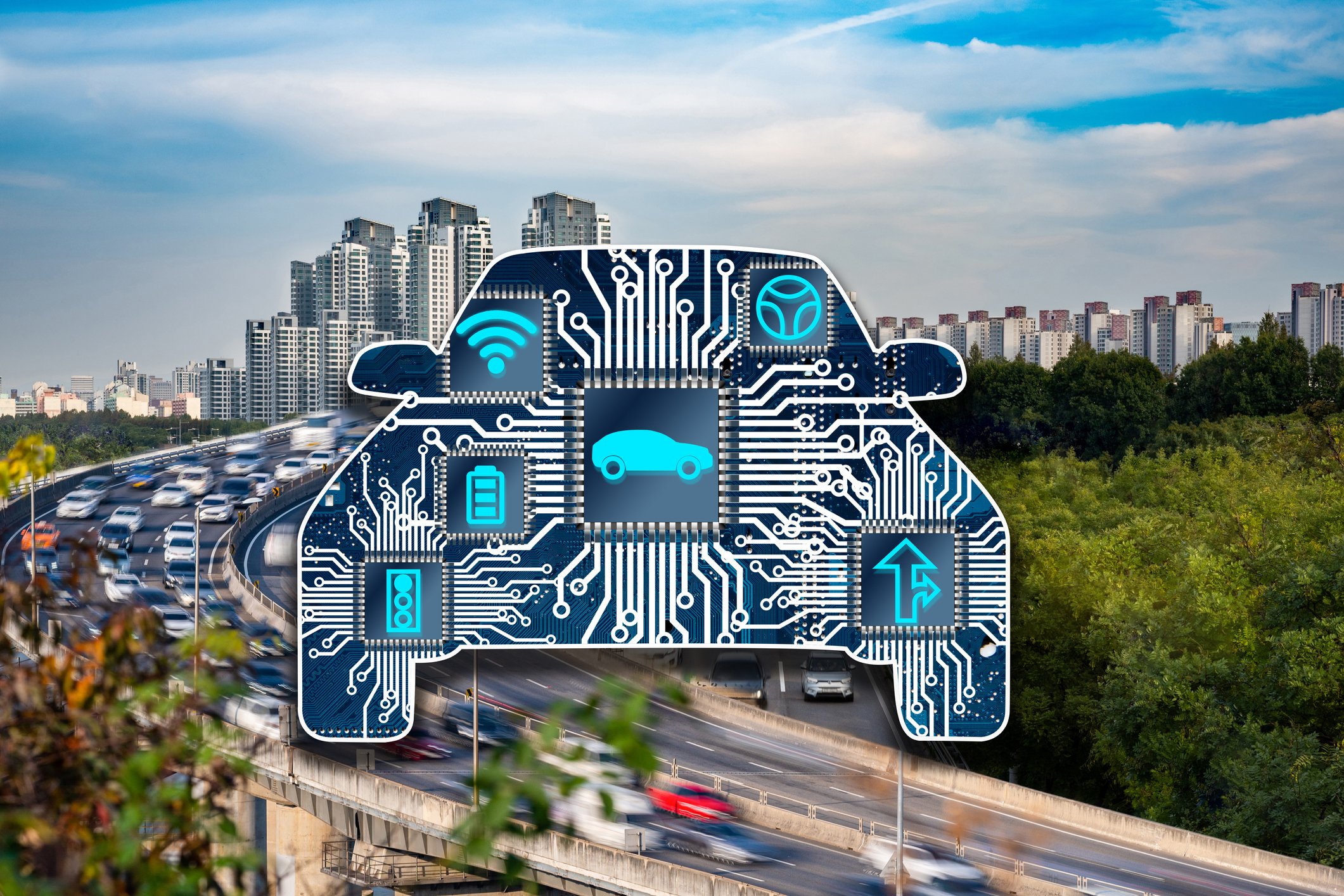 Stylized car full of semiconductor chips against a backdrop of a busy city freeway. 