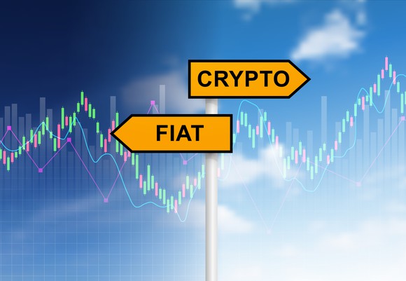 A post with two orange signs, one that says "crypto," the other that says "fiat."