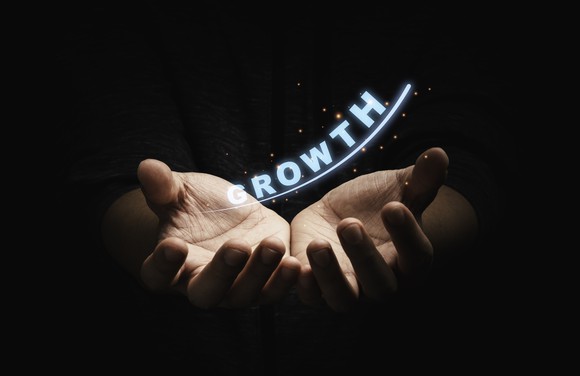 Two open hands holding the word GROWTH.