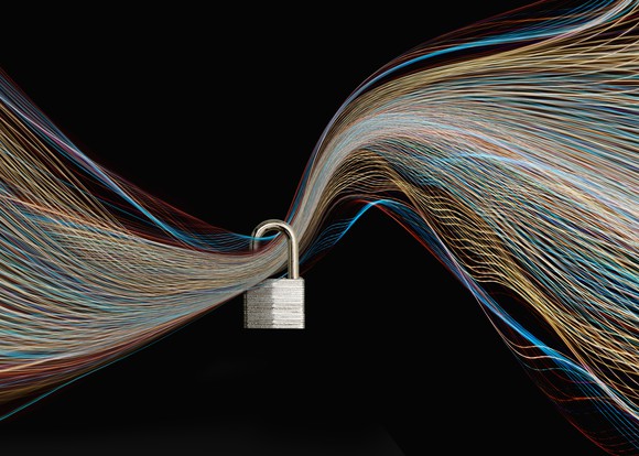 A lock with different flowing lines depicting cyber waves moving through it.