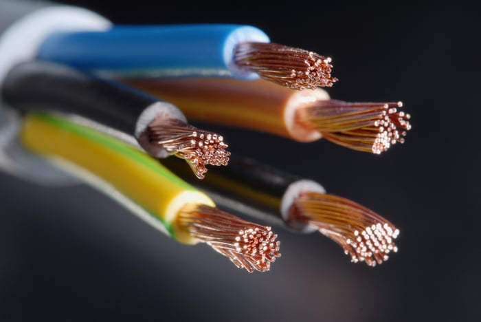 A closeup of copper wiring in electric cables.